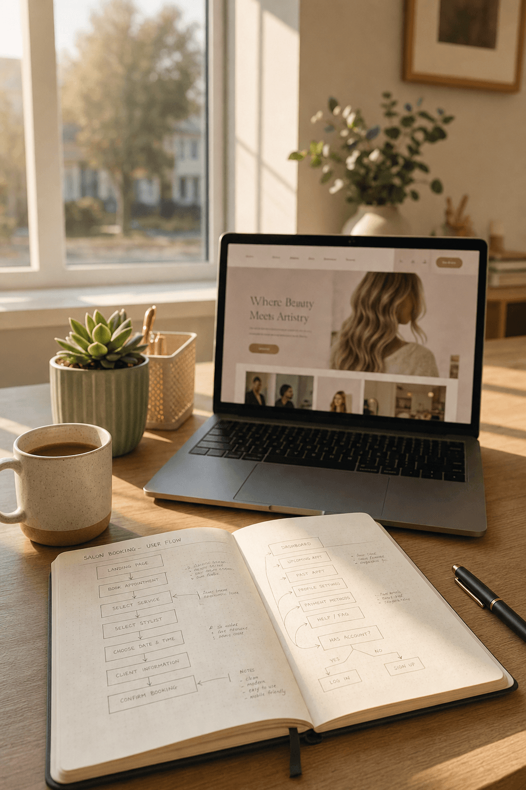 Editorial workspace photo with notebook, laptop showing a salon website design, coffee mug, and warm afternoon sunlight — capturing the quiet craft of web design for beauty and wellness brands.