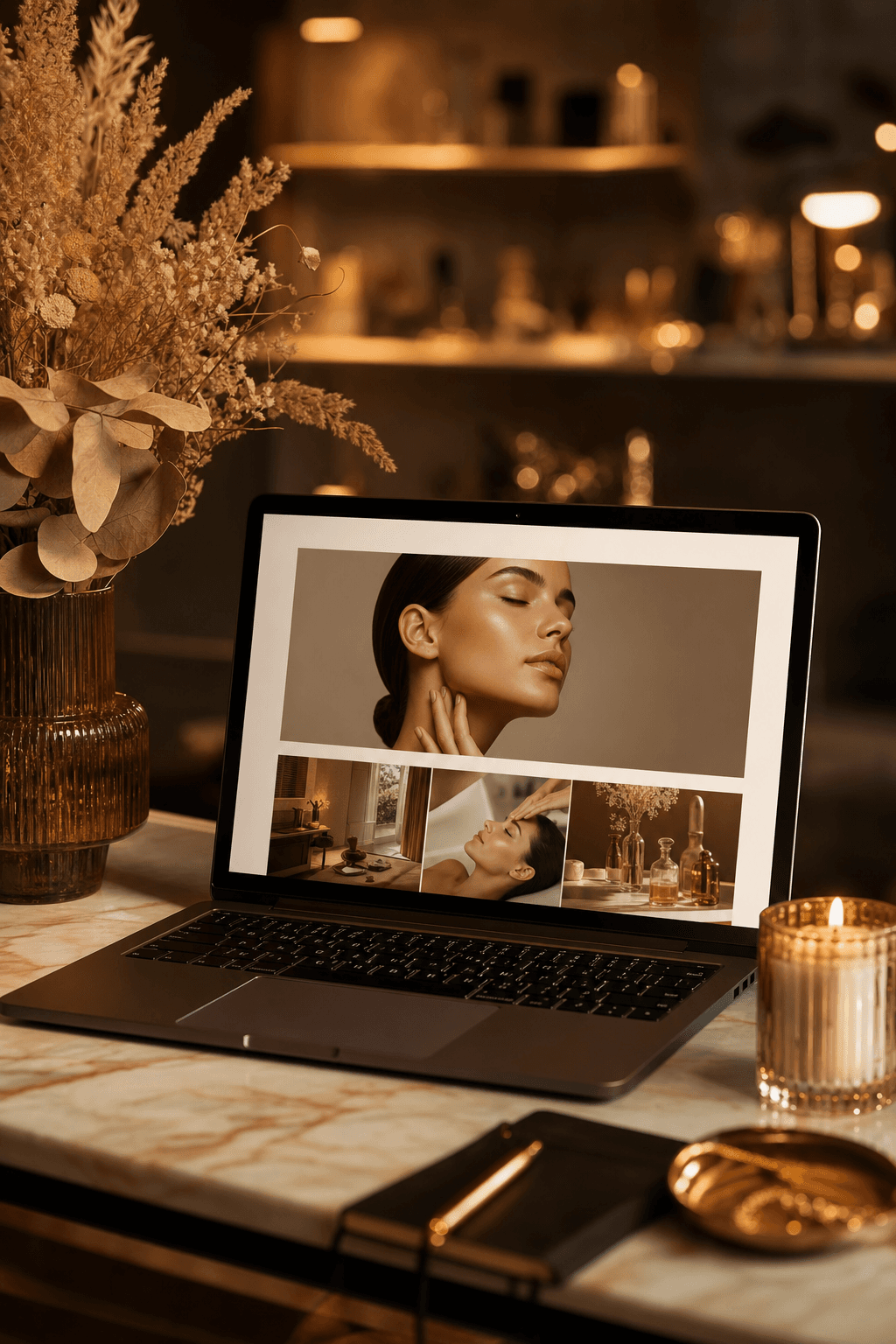 Elegant web design workspace with laptop showing a luxury salon website, warm amber and gold accents, marble desk