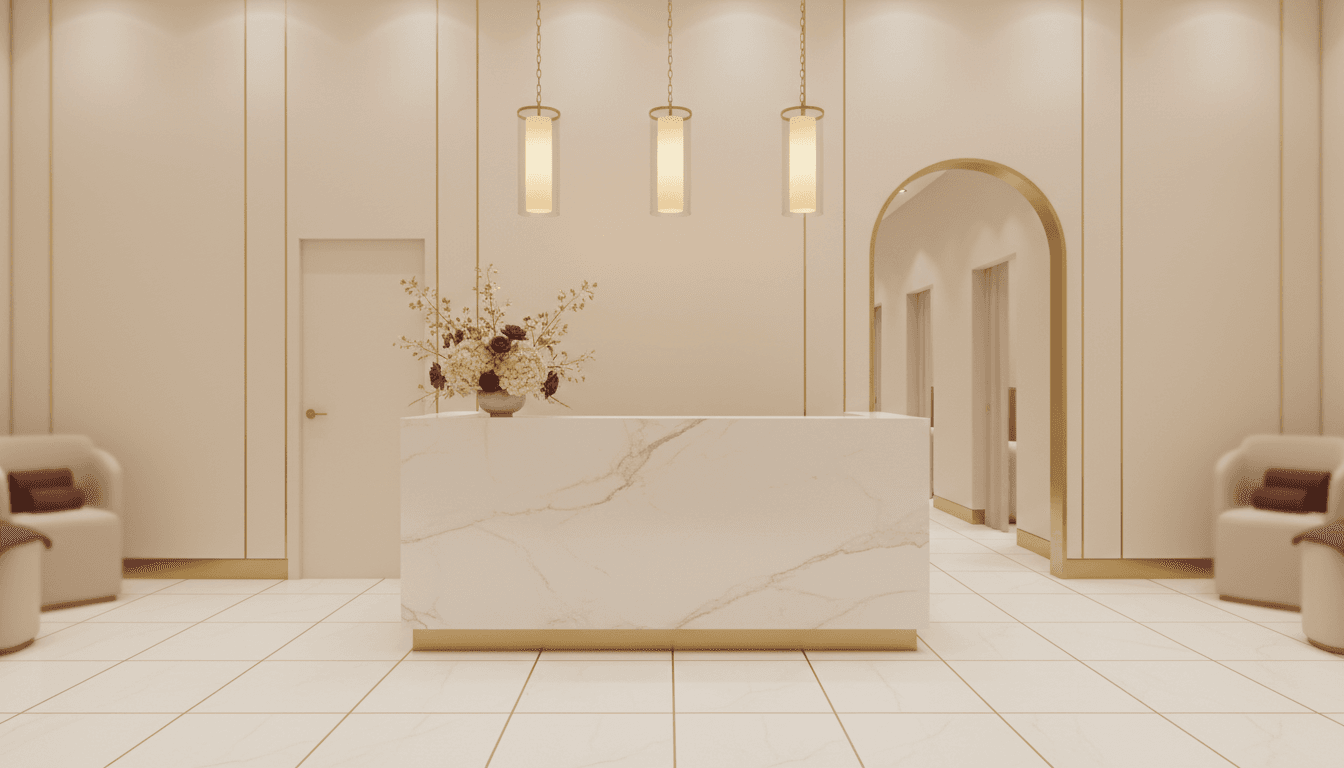 Elegant salon interior with warm lighting and refined decor