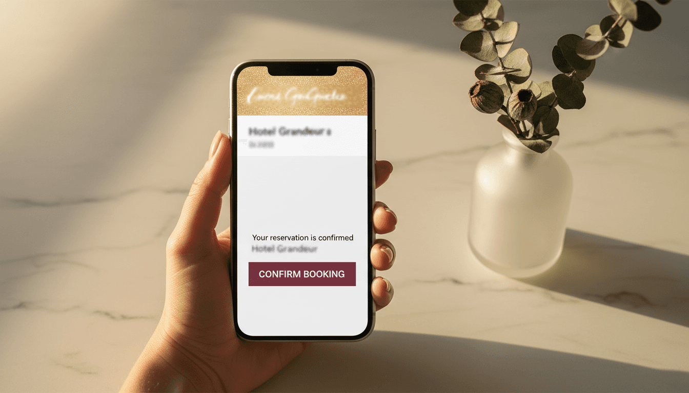 Smartphone displaying an online booking confirmation with gold accents