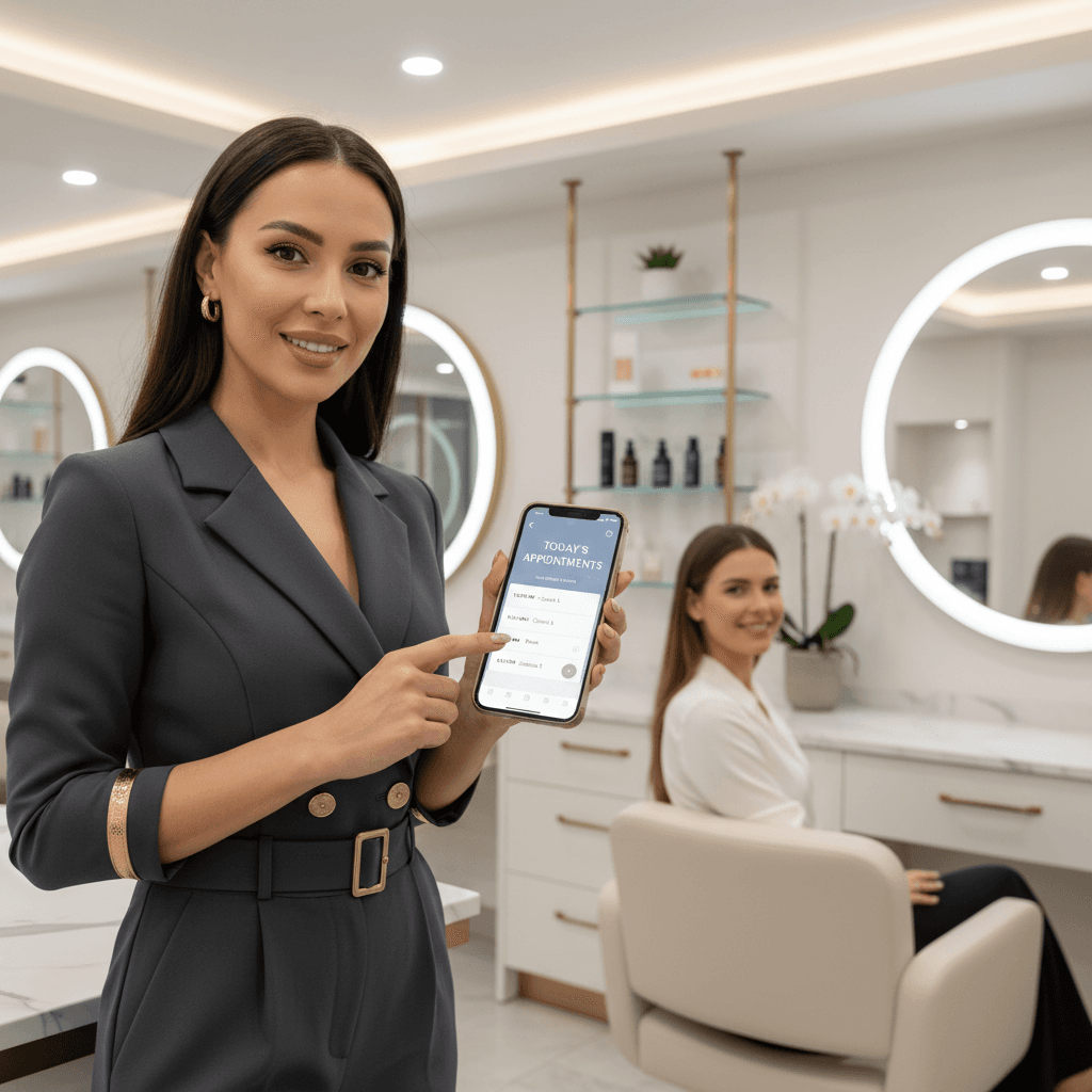 Beauty professional in salon displaying appointment calendar on smartphone, interacting with client