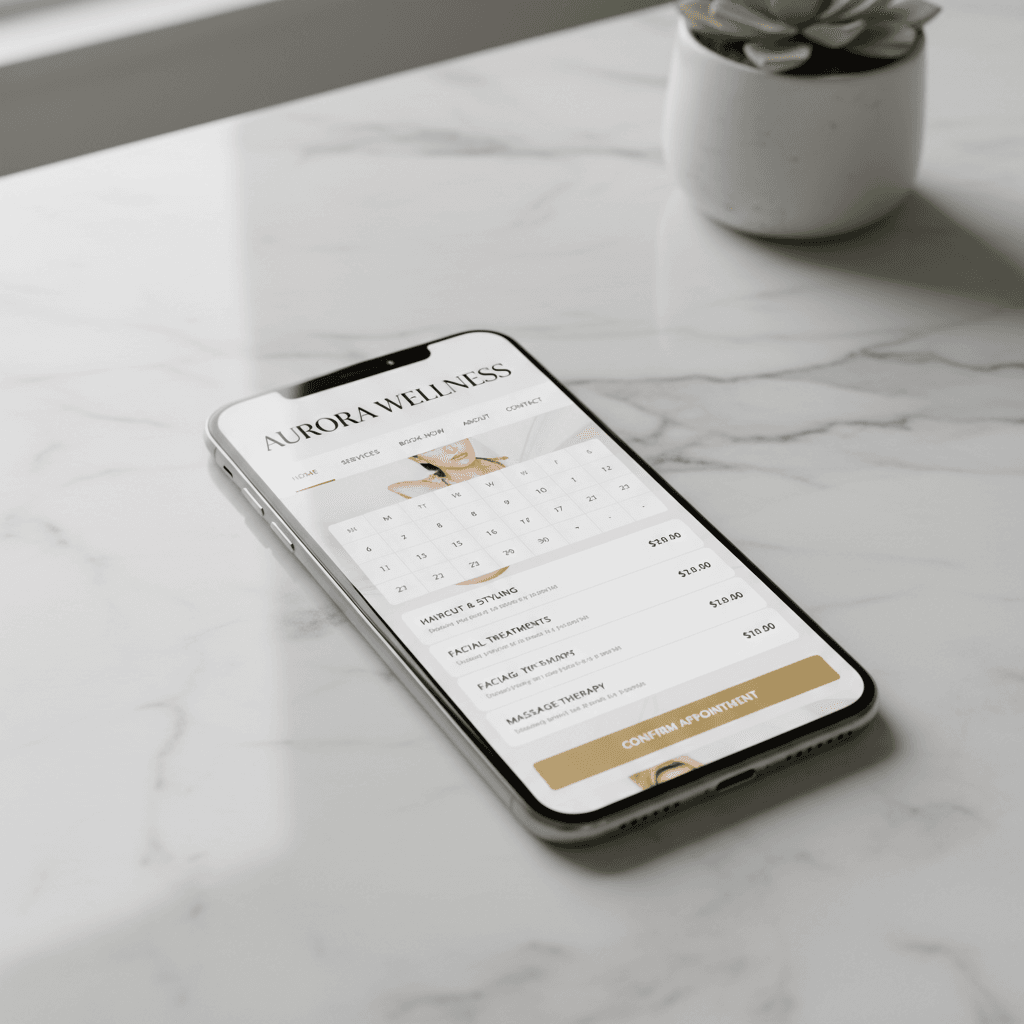 A warm editorial still-life square shot of a smartphone resting on a polished marble countertop, screen showing a beautifully designed salon website with a booking interface
