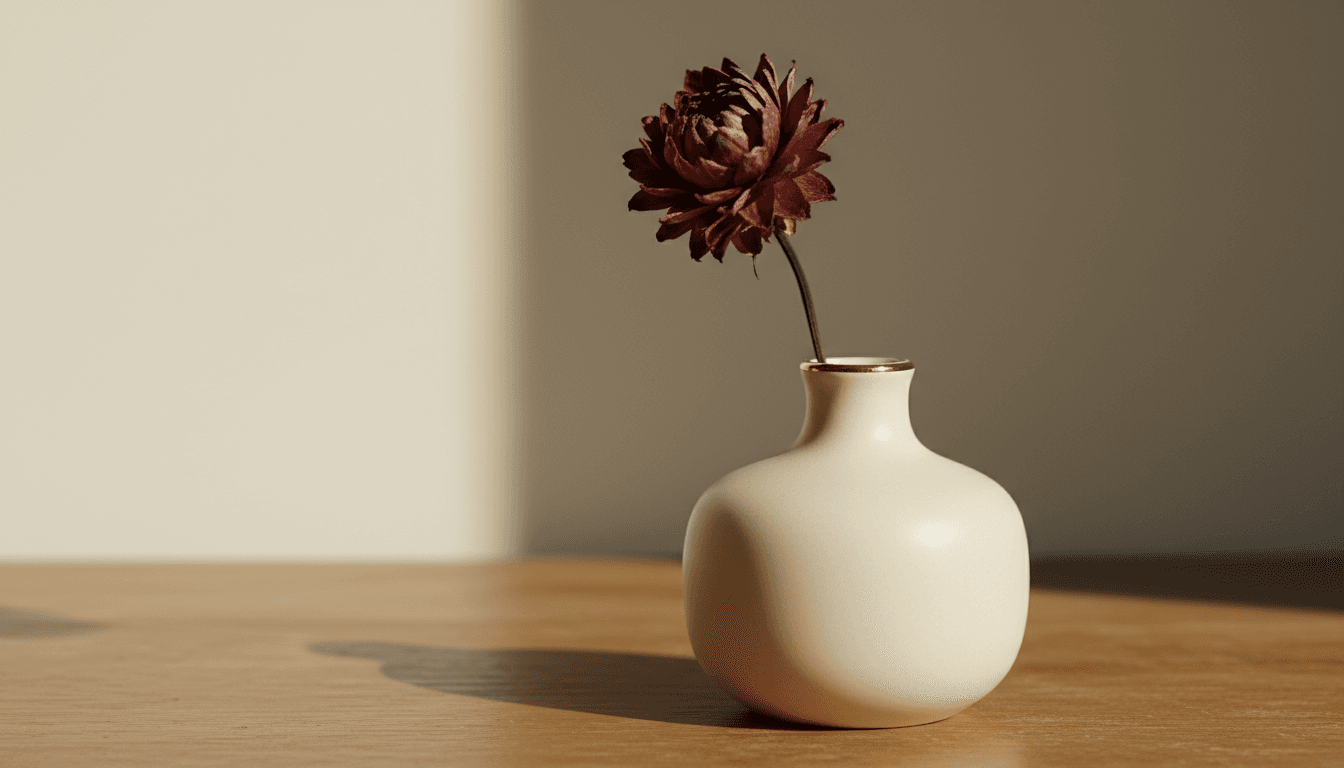Close-up detail of a cream ceramic vase with a single burgundy dried flower on a warm wood surface, soft morning light