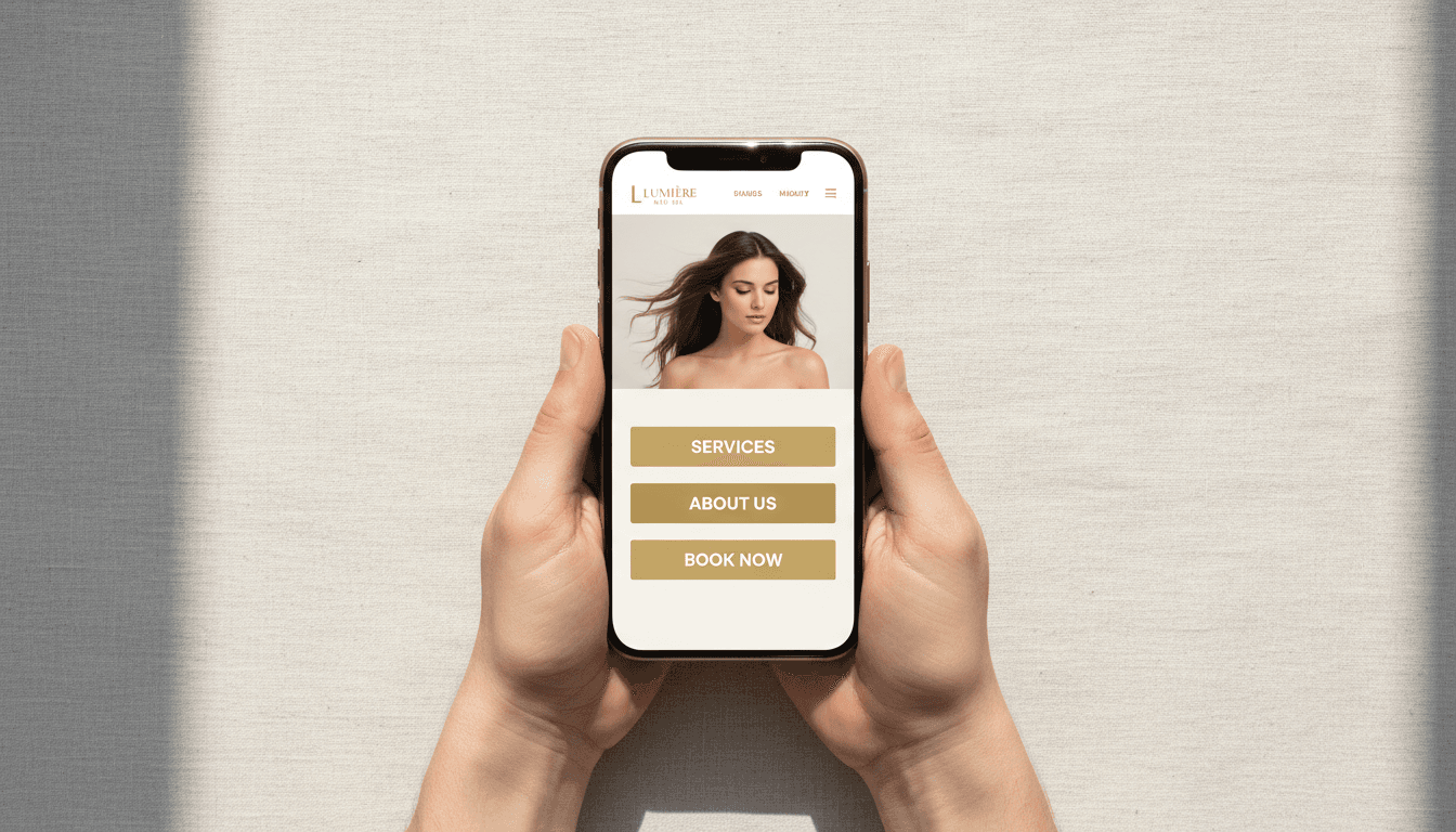 Hands holding a smartphone showing a med spa mobile website
