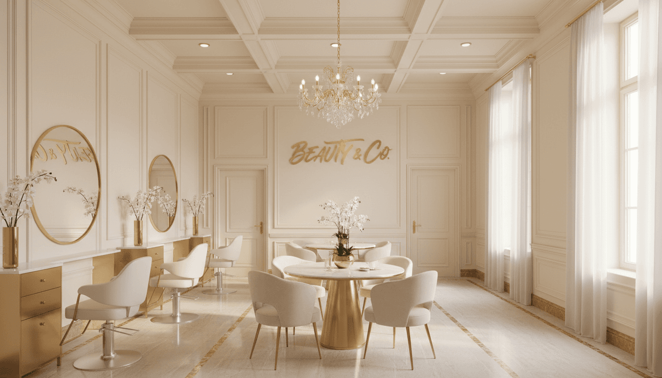 Elegant beauty salon interior with cream walls, gold accents, and soft natural light