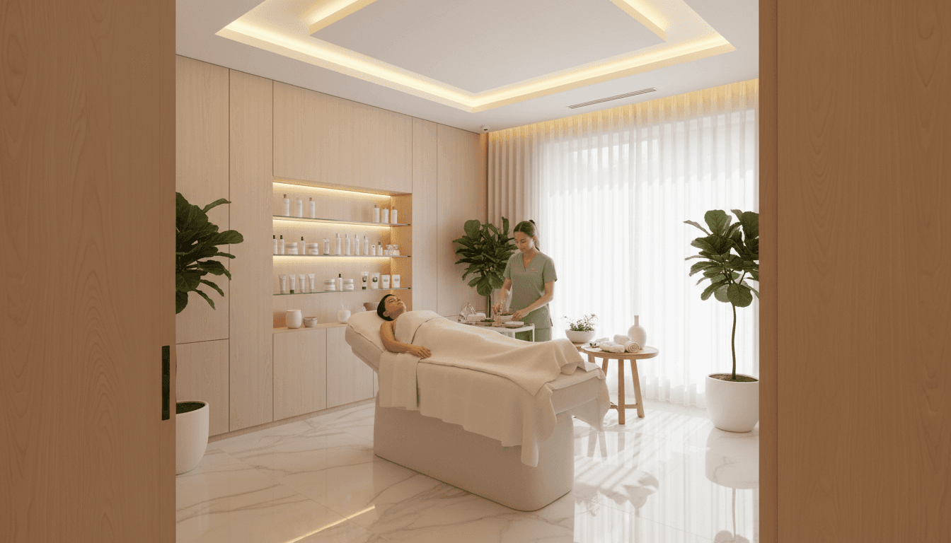 Elegant spa reception desk with gold pen and orchid