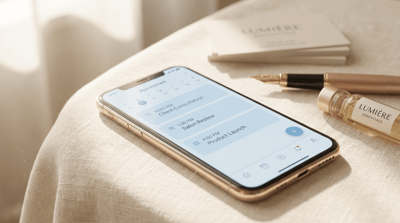 A client's hand selects a stylist profile on a tablet booking interface