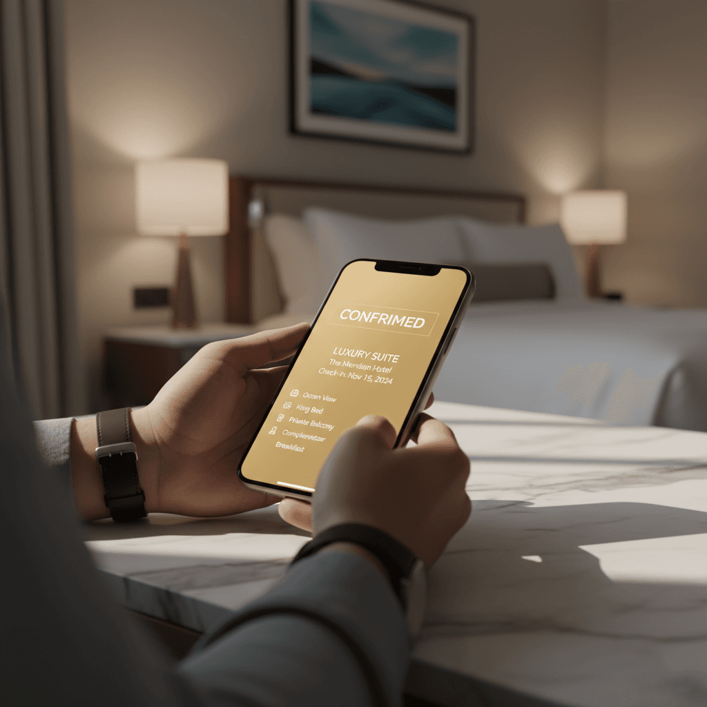 A hand holding a phone showing a booking confirmation notification