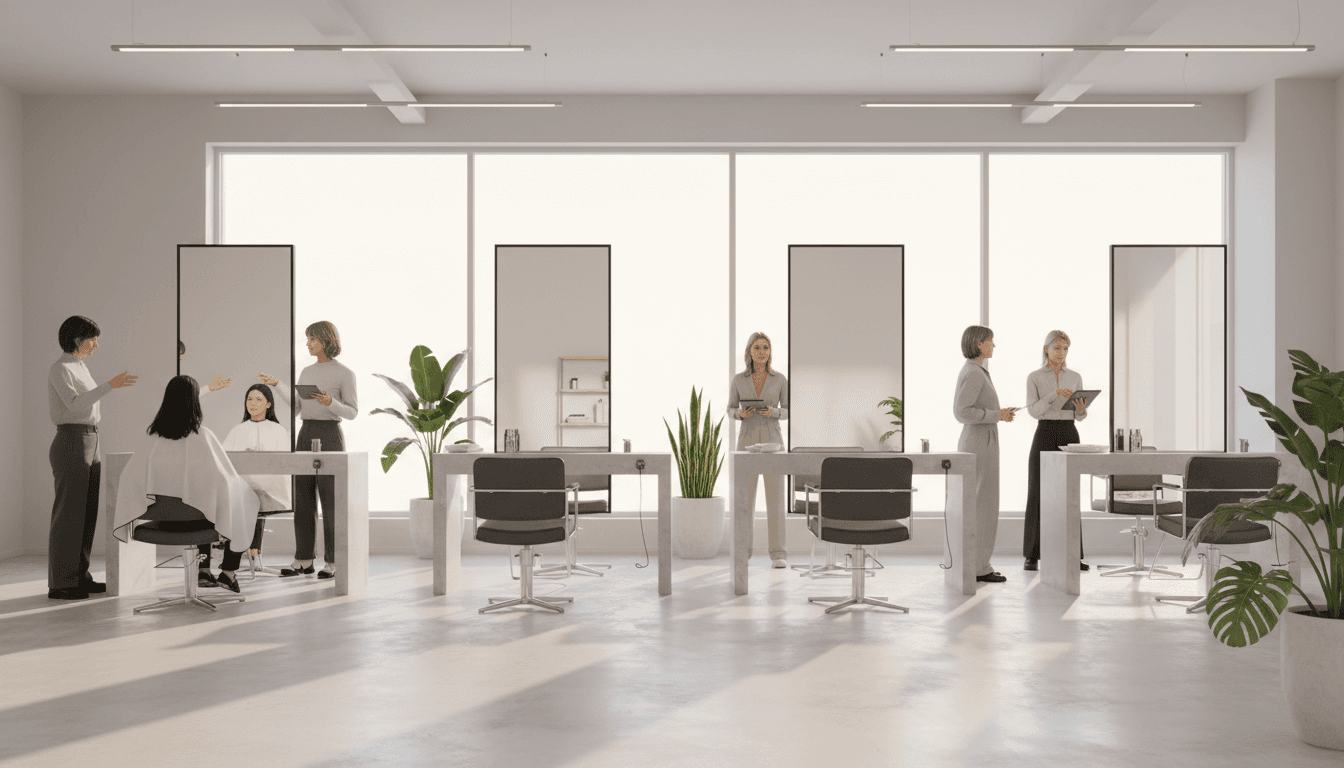 Elegant salon reception area with burgundy chairs and a sleek monitor on the desk