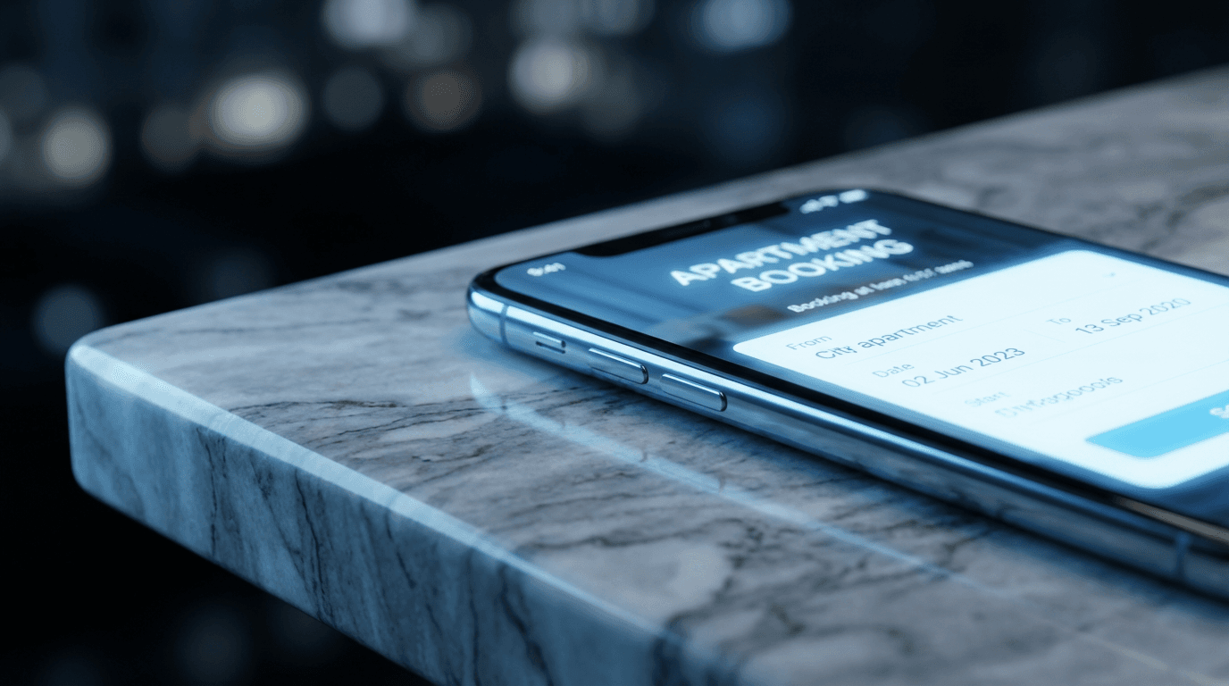 Hand holding a smartphone with booking calendar on a marble counter