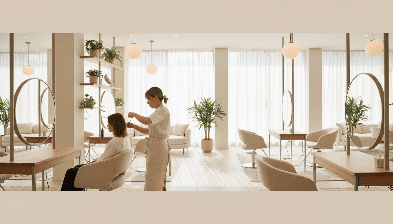 Elegant salon interior with warm lighting, gold chandelier, and neutral-toned styling chair in a calm, luxurious setting