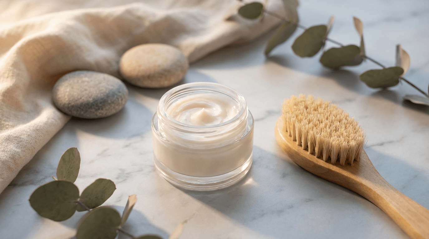 Minimalist overhead arrangement of skincare cream, brush, stones, and botanical elements on marble with soft natural light.
