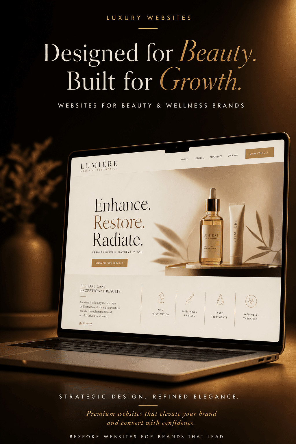 Laptop showcasing a luxury beauty website design with elegant typography and high-end skincare products.